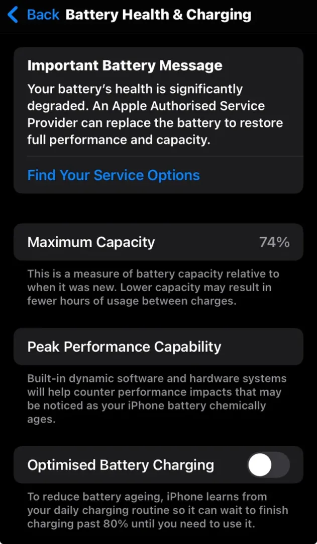 iPhone Settings > Battery Health showing 74% capacity with “Peak Performance” warning
