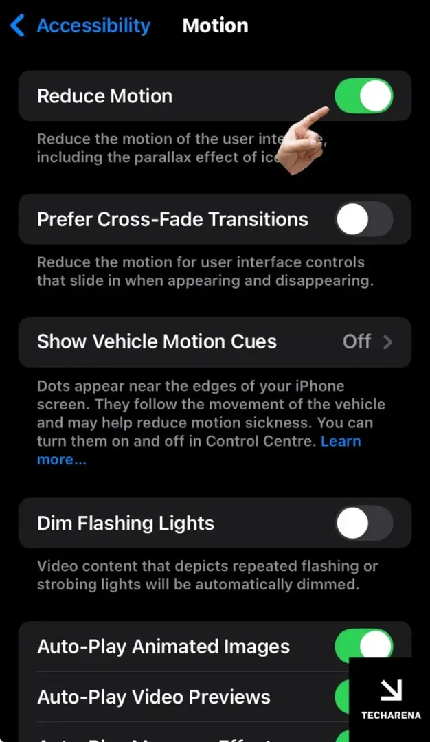 iPhone Accessibility > Motion: "Reduce Motion"