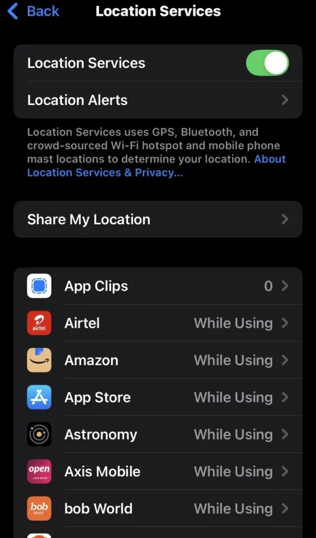 iPhone Location Services settings: apps set to “While Using”
