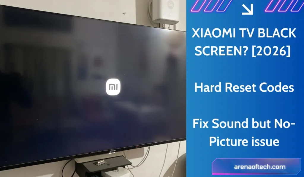 Detailed graphic showing how to fix a Xiaomi TV black screen with 2026 hard reset codes.